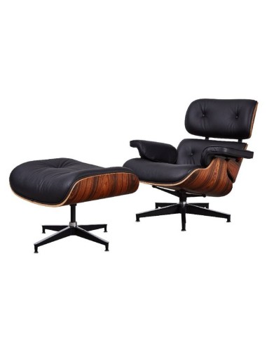 Poltrona Lounge com ottoman, couro preto, madeira jacarandá