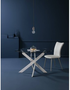 Mesa redonda Thur 120, cristal, patas metal blanco. 2