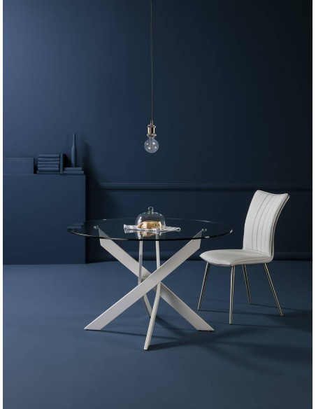 Mesa redonda Thur 120, cristal, patas metal blanco.