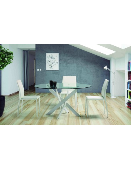 Mesa redonda Thur 120, cristal, patas metal blanco.