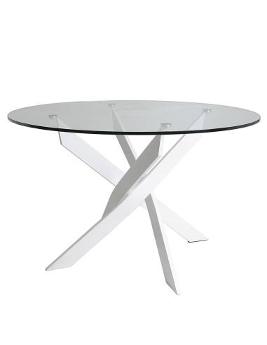 Mesa de Jantar Redonda Thur 120 Design, pés de metal branco, tampo de vidro.