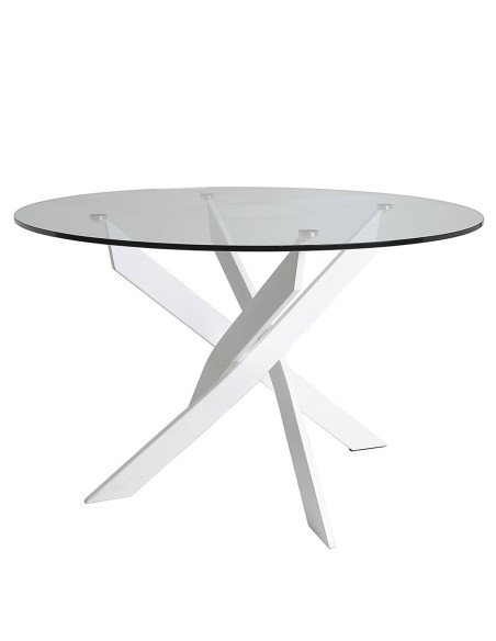 Mesa redonda Thur 120, cristal, patas metal blanco.