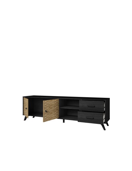 MUEBLE TV moderno HANOI 180x40, BOCAMINA negro y SERIGRAFIA