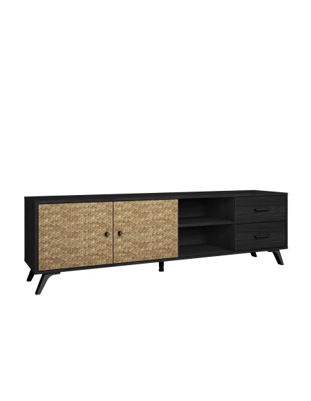 MUEBLE TV moderno HANOI 180x40, BOCAMINA negro y SERIGRAFIA