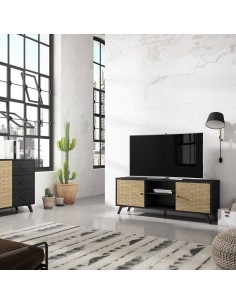 MUEBLE TV moderno HANOI 136x40, BOCAMINA negro y SERIGRAFIA 2