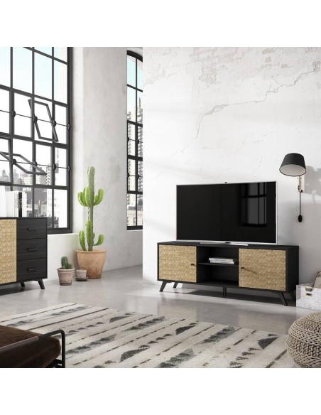 HANOI moderna TV FURNITURE 136x40, SOCAMINA preta e SERIGRAFIA