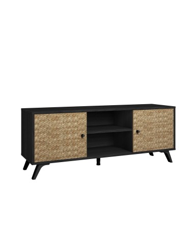 MUEBLE TV moderno HANOI 136x40, BOCAMINA negro y SERIGRAFIA