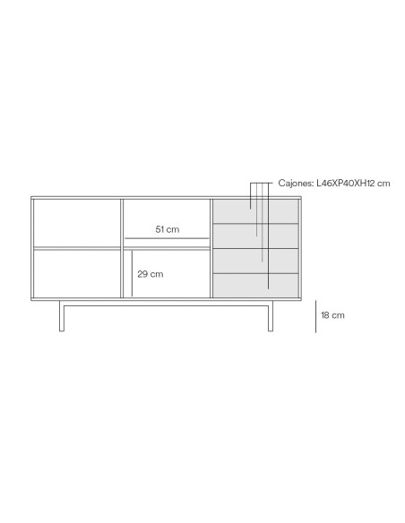 Aparador Teulat SIERRA 160x47, MDF lacado cinza e folheado de carvalho