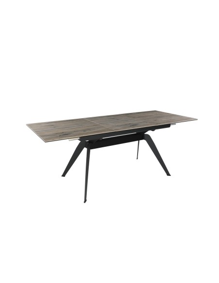 MESA EXTENSÍVEL LULA, 160/220 X 90 CM, tampo em CERÂMICA cor MADEIRA e BASE em metal PRETO