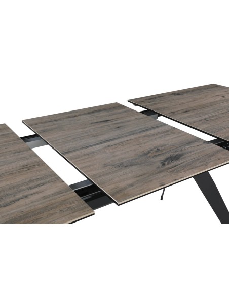 MESA EXTENSÍVEL LULA, 160/220 X 90 CM, tampo em CERÂMICA cor MADEIRA e BASE em metal PRETO