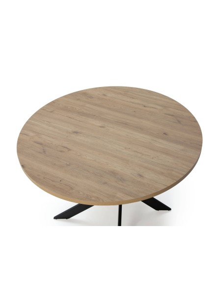 MESA REDONDA THER 120, tapa melamina roble  y PIE metal NEGRO