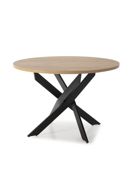 MESA REDONDA THER 120, tapa melamina roble  y PIE metal NEGRO
