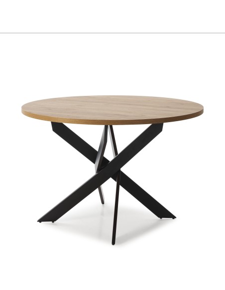 MESA REDONDA THER 120, tapa melamina roble  y PIE metal NEGRO