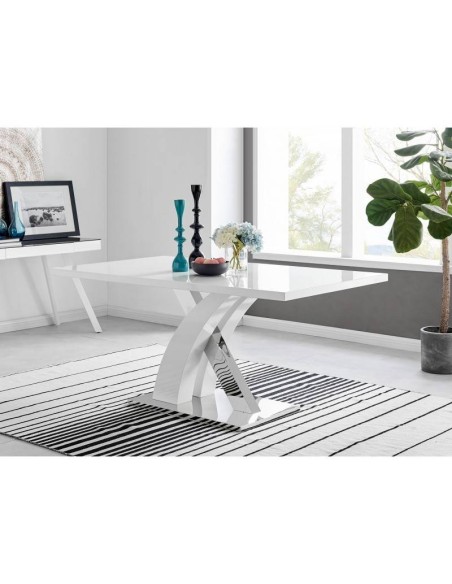 Mesa PATRI, base inox, tampo lacado branco brilhante, 160x90 cm.