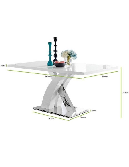 Mesa PATRI, base acero inoxidable, tapa lacada blanco brillo, 160x90 cms.