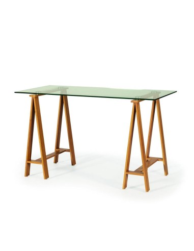 Escritorio moderno Desk 130 tapa cristal, patas metal acabado roble.