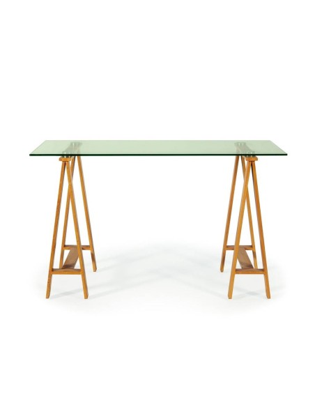 Escritorio moderno Desk 130 tapa cristal, patas metal acabado roble.