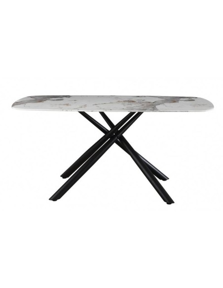Mesa JAZMINE 160 x 90, pies metal negro, tapa de cristal efecto mármol