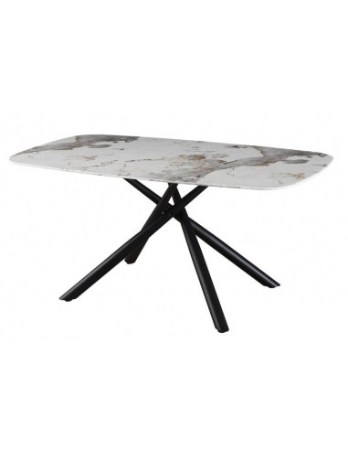 Mesa JAZMINE 160 x 90, pies metal preto, tampo em vidro efeito mármore