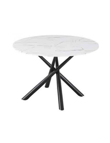 Mesa redonda RAHA 120, tapa de cristal efecto mármol, pies metal negro