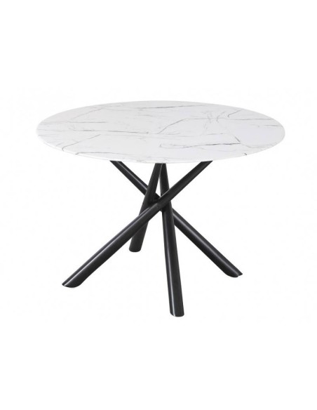 Mesa redonda RAHA 120, tampo de vidro efeito mármore, pés de metal preto