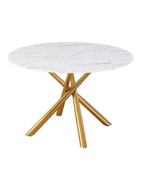 Mesa redonda HARA 120, tapa de cristal efecto mármol, pies metal Dorado