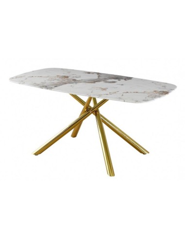 Mesa JAZMINE 160 x 90, tapa de cristal efecto mármol, pies metal Dorado,