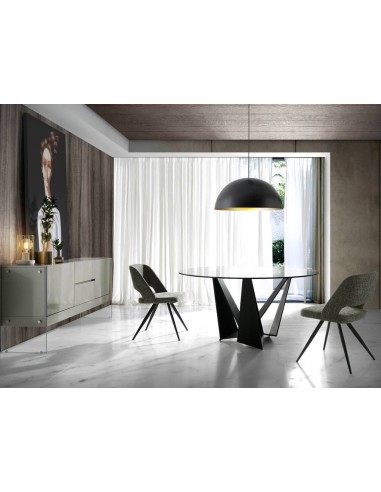 Mesa comedor Rei 150 cm de cristal y acero negro.