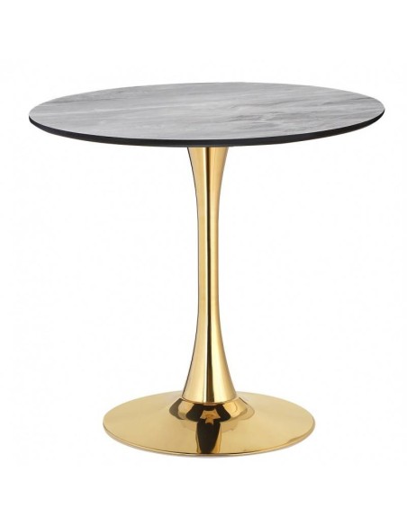 Mesa redonda DOCK 90, base em metal dourado e tampo DM tipo mármore