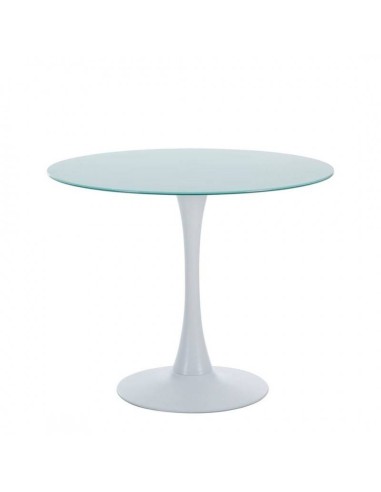 Mesa redonda DOCK 90, base de metal y tapa de cristal blanco