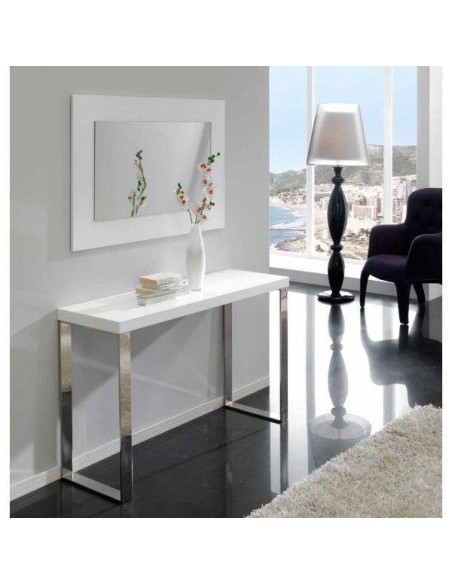 Nika Modern Receiver, tampo em madeira e MDF, lacado branco brilho, estrutura em aço cromado brilho.