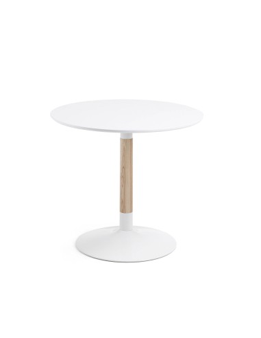 Mesa redonda AMEL 90 cm. Tapa lacado blanco, pie madera y acero blanco.