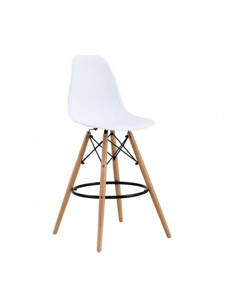 Taburete de diseño TOWER, base de madera y cuerpo de polipropileno blanco