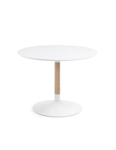 Mesa redonda AMEL 110 cm. Tapa lacado blanco, pie madera y acero blanco.