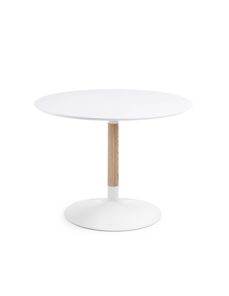 Mesa redonda AMEL 110 cm. Tampo lacado branco, base em madeira e aço branco.