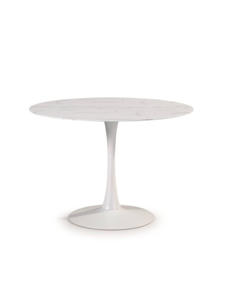MESA REDONDA ADA 110, cristal símil mármol y metal BLANCO