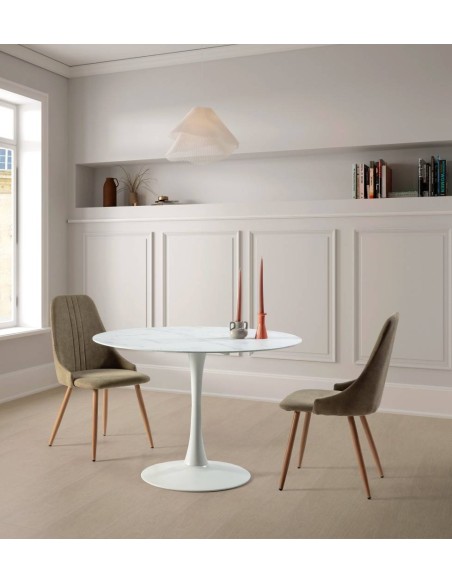 MESA REDONDA ADA 110, cristal símil mármol y metal BLANCO