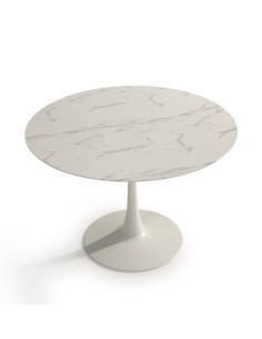 MESA REDONDA ADA 110, cristal símil mármol y metal BLANCO