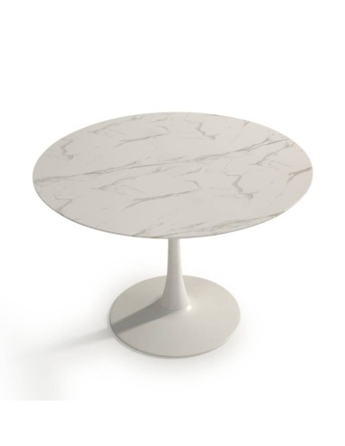 MESA REDONDA ADA 110, cristal símil mármol y metal BLANCO