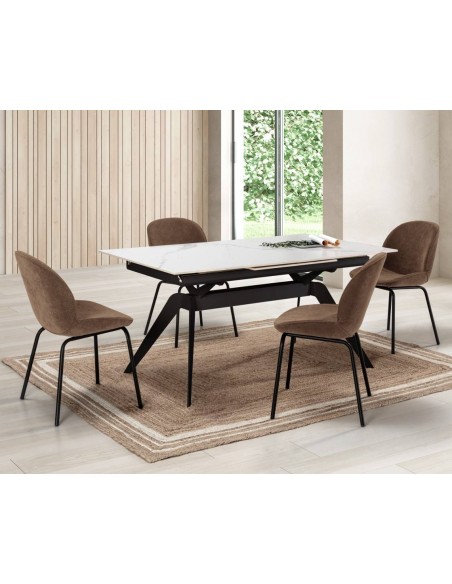 MESA EXTENSÍVEL LULA 160/220 X 90 CM, tampo CERÂMICO BRANCO e pés em metal PRETO