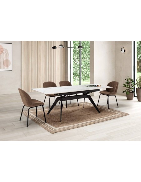 MESA EXTENSÍVEL LULA 160/220 X 90 CM, tampo CERÂMICO BRANCO e pés em metal PRETO