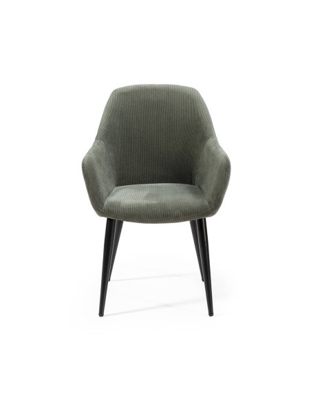 Silla con brazos DUNE, tejido pana y patas metalicas negras.