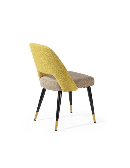 Cadeira de jantar MOCCIA em tecido combinado, pernas em metal cor preto e ouro.