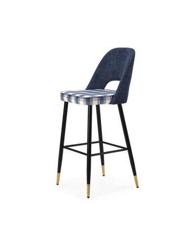 Taburete en tejido de cuadros combinado MOCCIA, patas metálicas en negro y dorado.