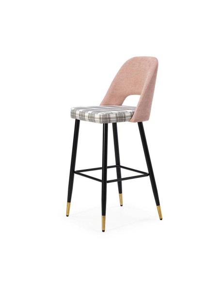 Taburete en tejido de cuadros combinado MOCCIA, patas metálicas en negro y dorado.