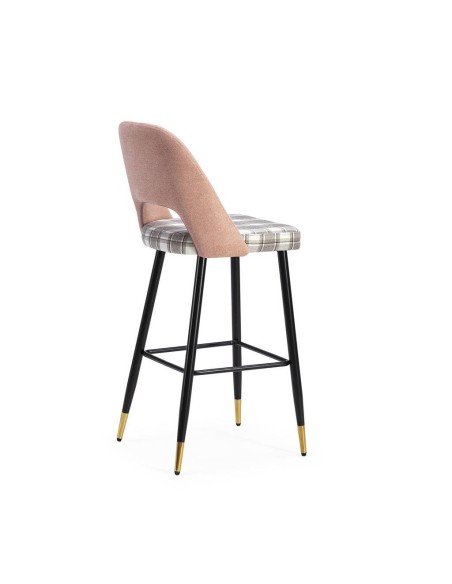 Taburete en tejido de cuadros combinado MOCCIA, patas metálicas en negro y dorado.