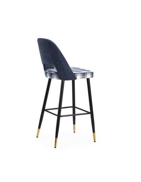Taburete en tejido de cuadros combinado MOCCIA, patas metálicas en negro y dorado.