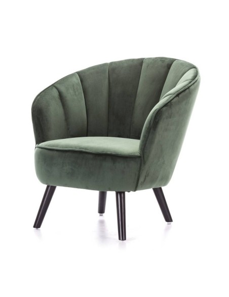Poltrona de veludo CONCHA com pernas de madeira preta.