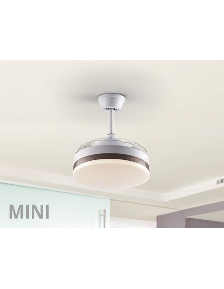 VENTILADOR MINI DE TETO SCHULLER VENTO 40/90 cm. Lâminas retráteis. Branco e Bronce.