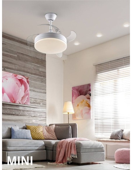 VENTILADOR MINI DE TETO SCHULLER VENTO 40/90 cm. Lâminas retráteis. Branco.